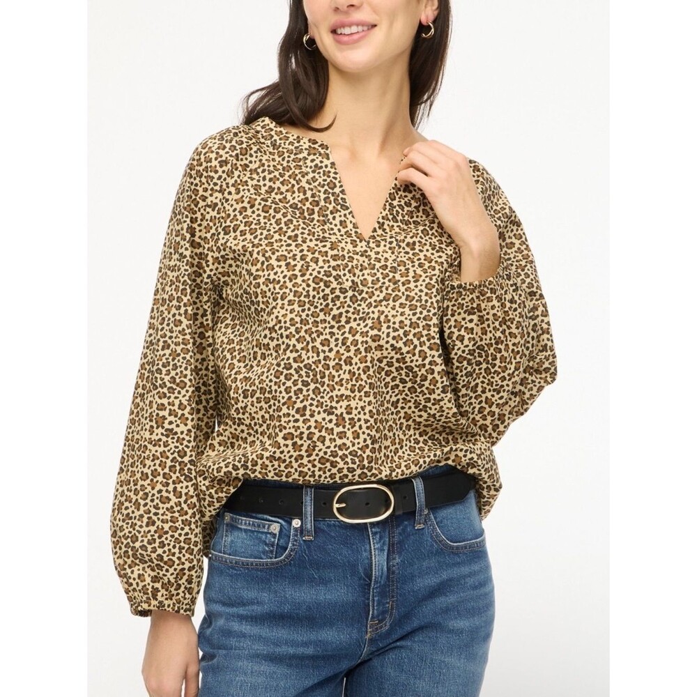 J Crew Leopard Print Split Neck Popover Blouse Top Size XL Style CI020